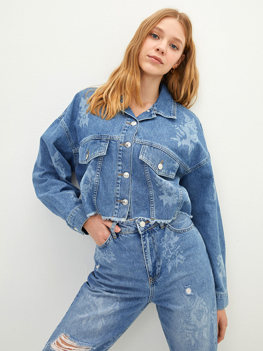 İndigo Gömlek Yaka Baskılı Uzun Kollu Kadın Rodeo Jean Ceket