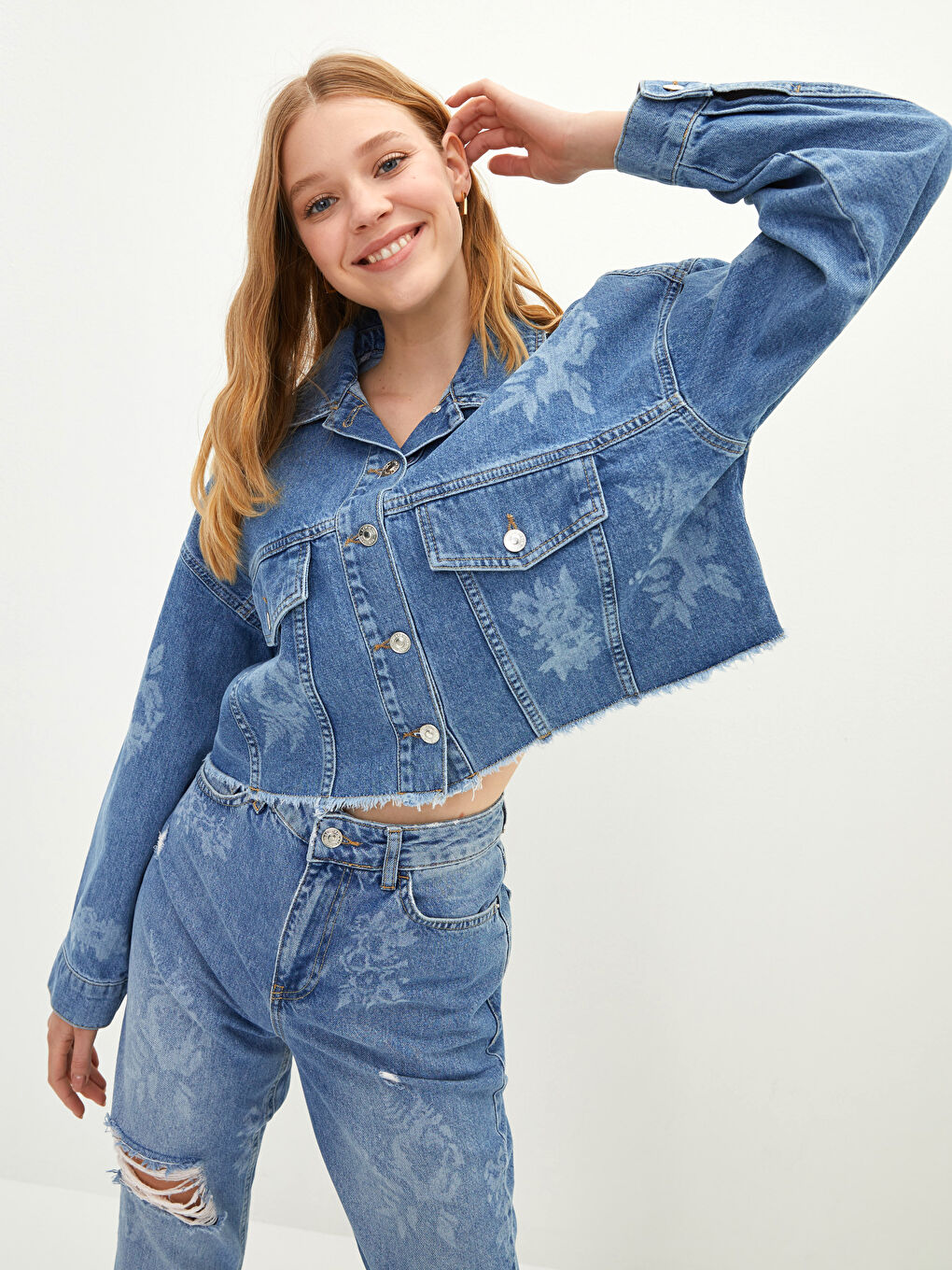 İndigo Gömlek Yaka Baskılı Uzun Kollu Kadın Rodeo Jean Ceket-2