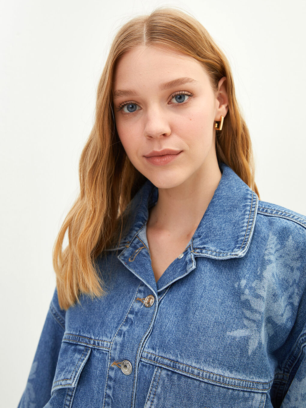 İndigo Gömlek Yaka Baskılı Uzun Kollu Kadın Rodeo Jean Ceket-4