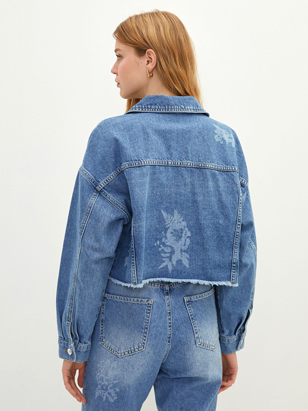 İndigo Gömlek Yaka Baskılı Uzun Kollu Kadın Rodeo Jean Ceket-5