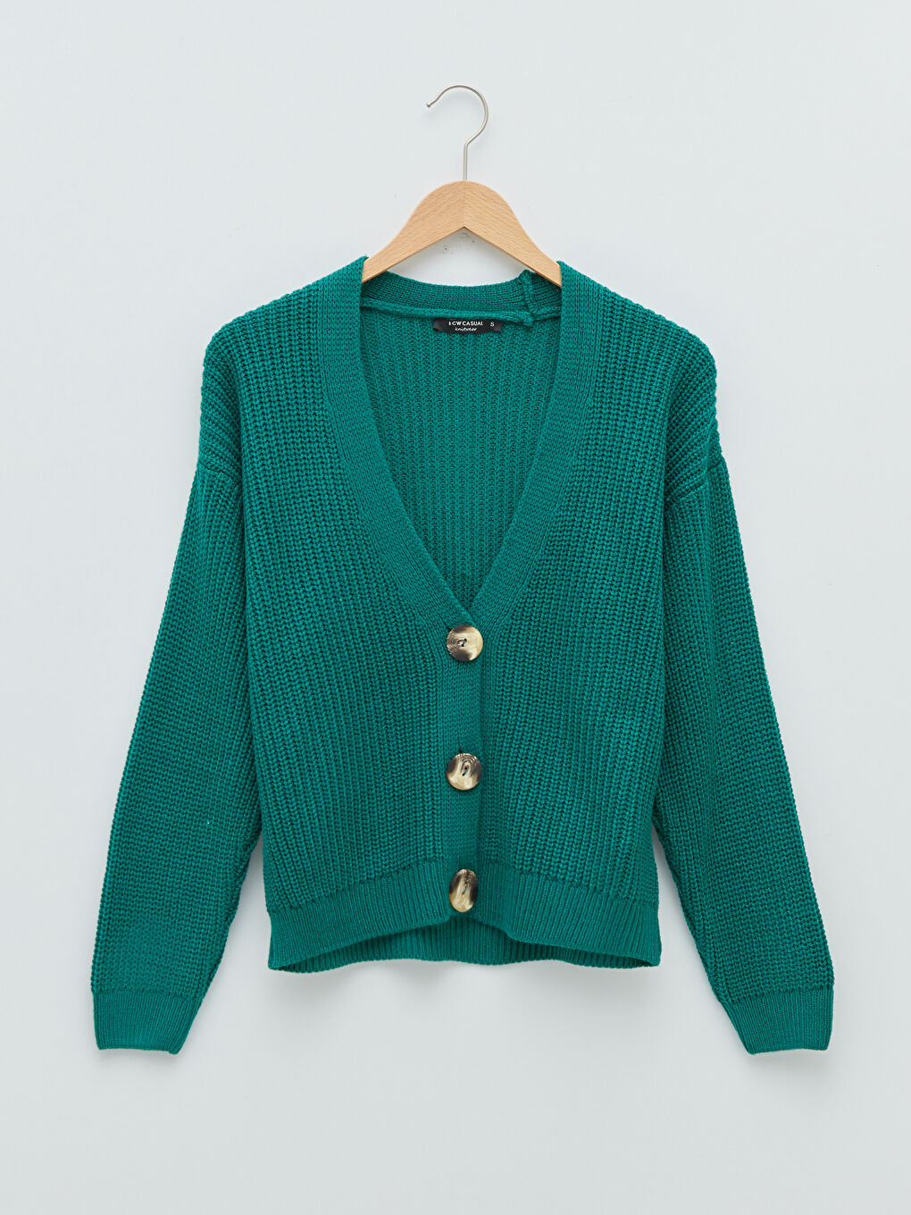 Yeşil V Yaka Düz Düğme Detaylı Uzun Kollu Kadın Triko Hırka-4