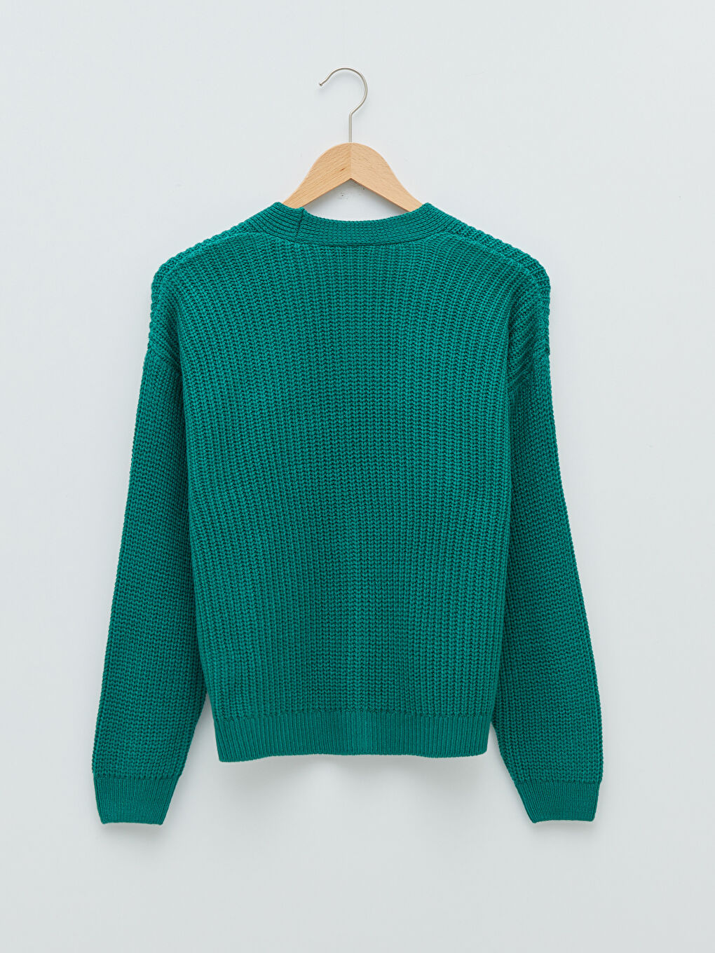 Yeşil V Yaka Düz Düğme Detaylı Uzun Kollu Kadın Triko Hırka-5