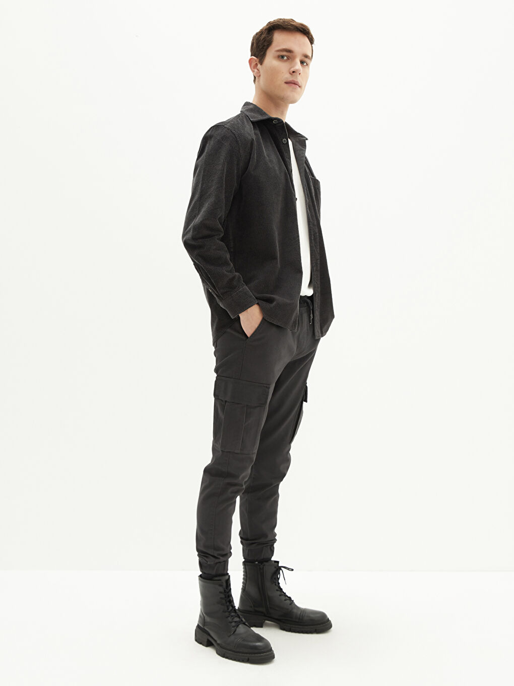 Antrasit Slim Fit Gabardin Erkek Kargo Pantolon-1