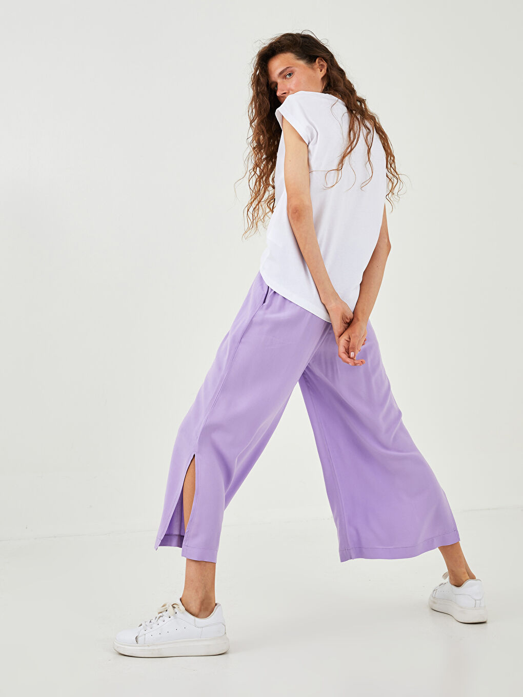 Elastic Waist Straight Pocket Detailed Viscose Women's Trousers-2