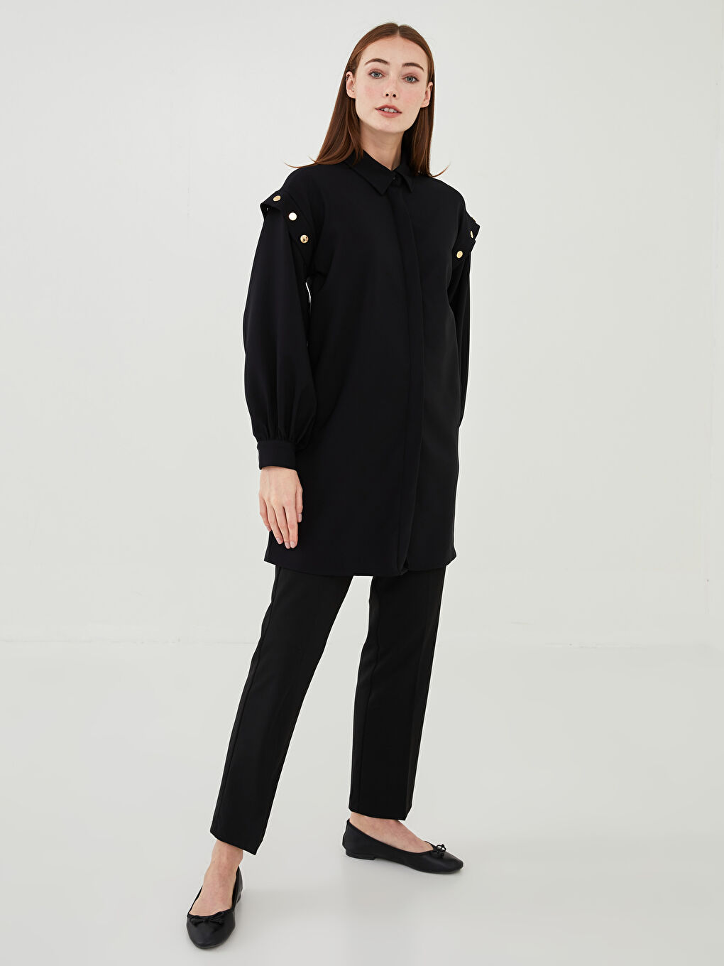 Tunique Chemise Unie à Manches Longues pour Femmes-2