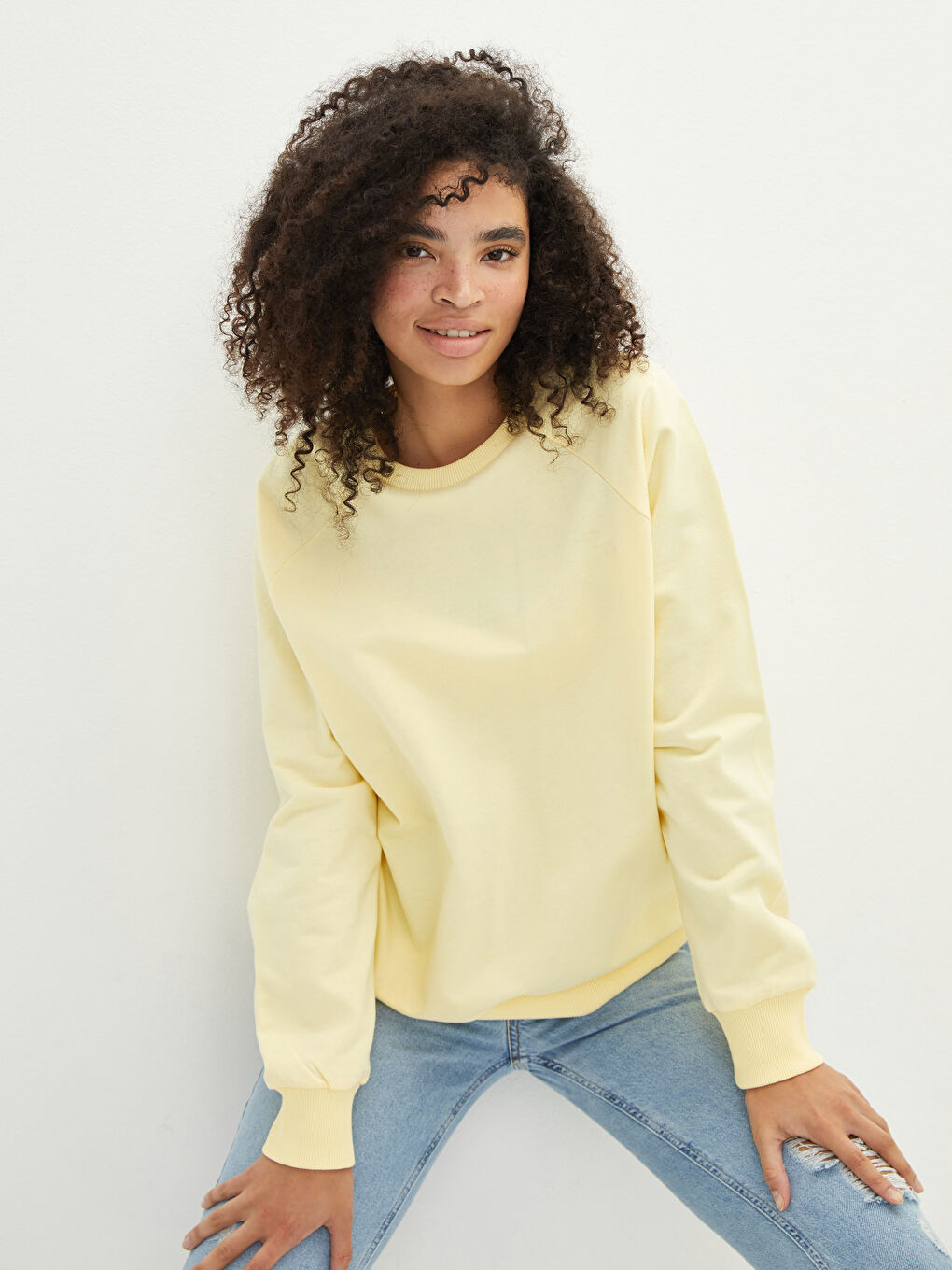 Sarı Bisiklet Yaka Düz Uzun Kollu Kadın Sweatshirt