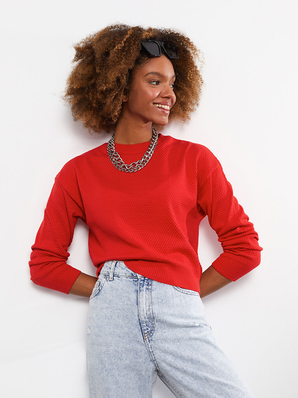 سترة تريكو سادة بياقة دائرية وأكمام طويلة للسيدات-2