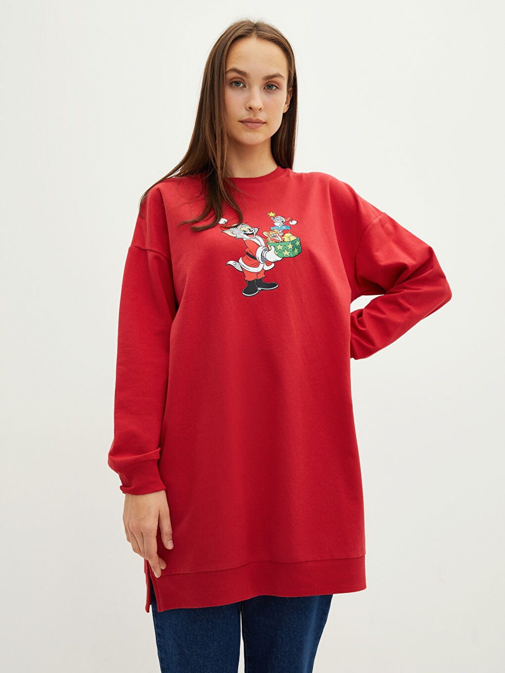 Rundhalsausschnitt Tom&Jerry Bedruckt Langarm Sweatshirt-Tunika für Damen-1