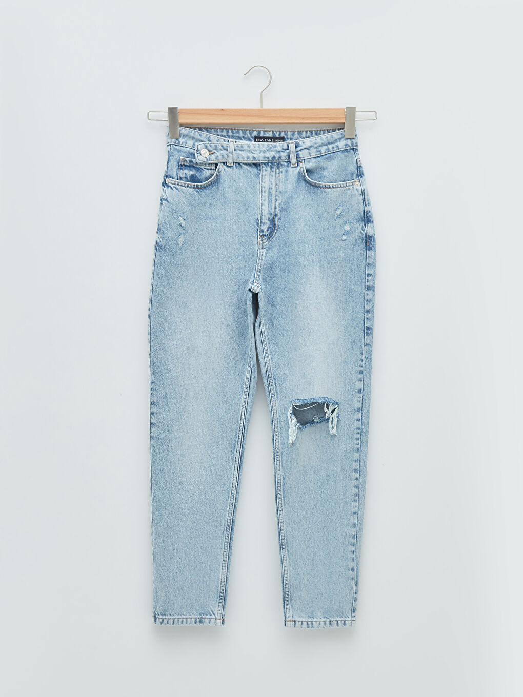 İndigo Yüksek Bel Mom Fit Yırtık Detaylı Kadın Jean Pantolon-5