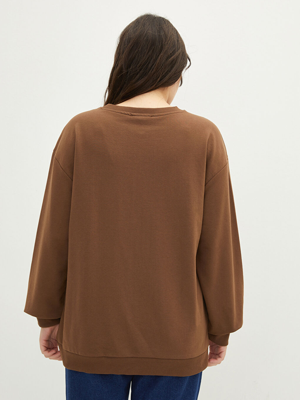 Büyük Beden Bisiklet Yaka Düz Uzun Kollu Kadın Sweatshirt-3