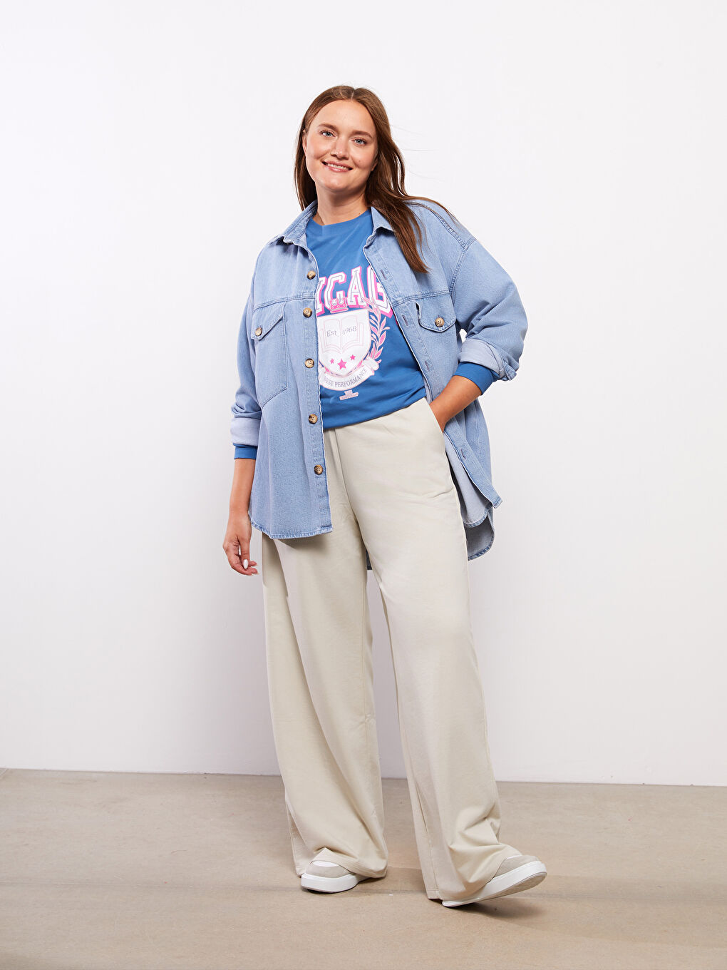 Plus Size Elastic Waist Straight Pocket Detailed Wide Leg Women's Sweatpants