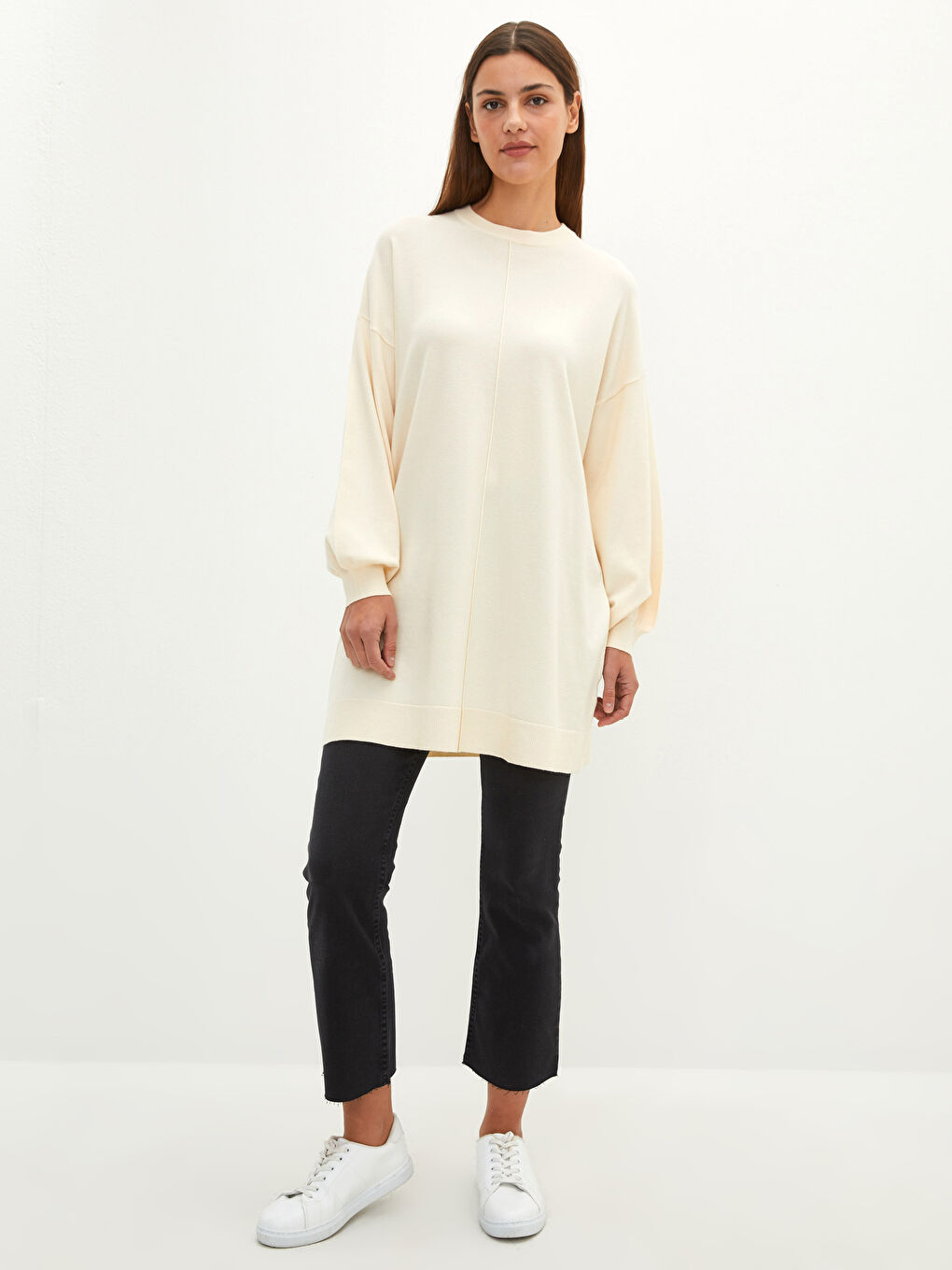 LCW Modest Rundhalsausschnitt Schlicht Langarm Damen Strick-Tunika -W1I749Z8-SBW