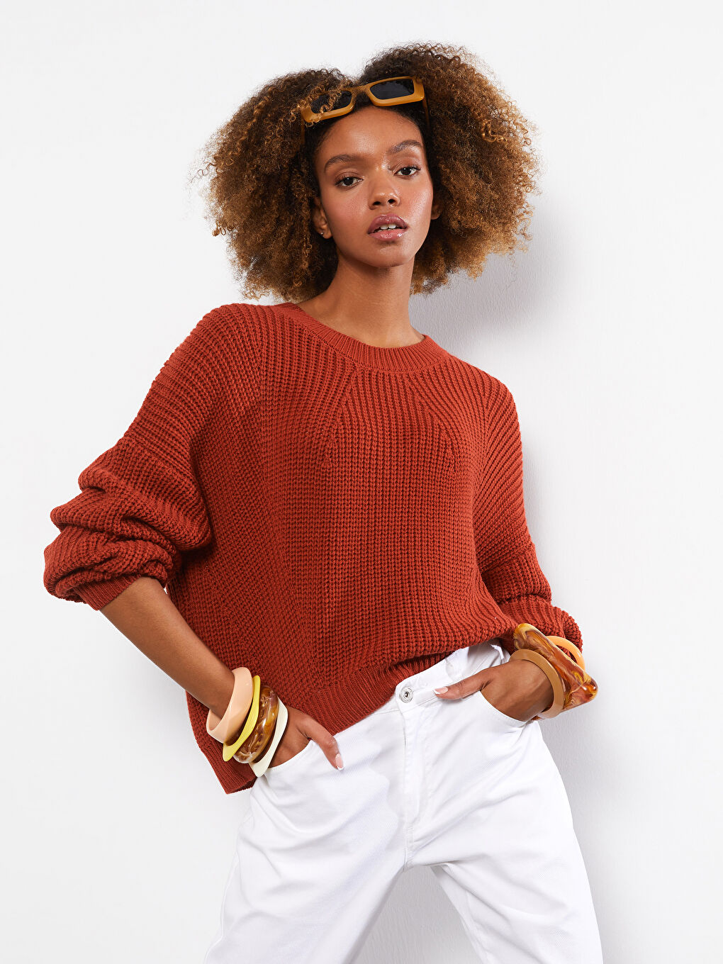 Kahverengi Bisiklet Yaka Kendinden Desenli Uzun Kollu Kadın Triko Kazak-1