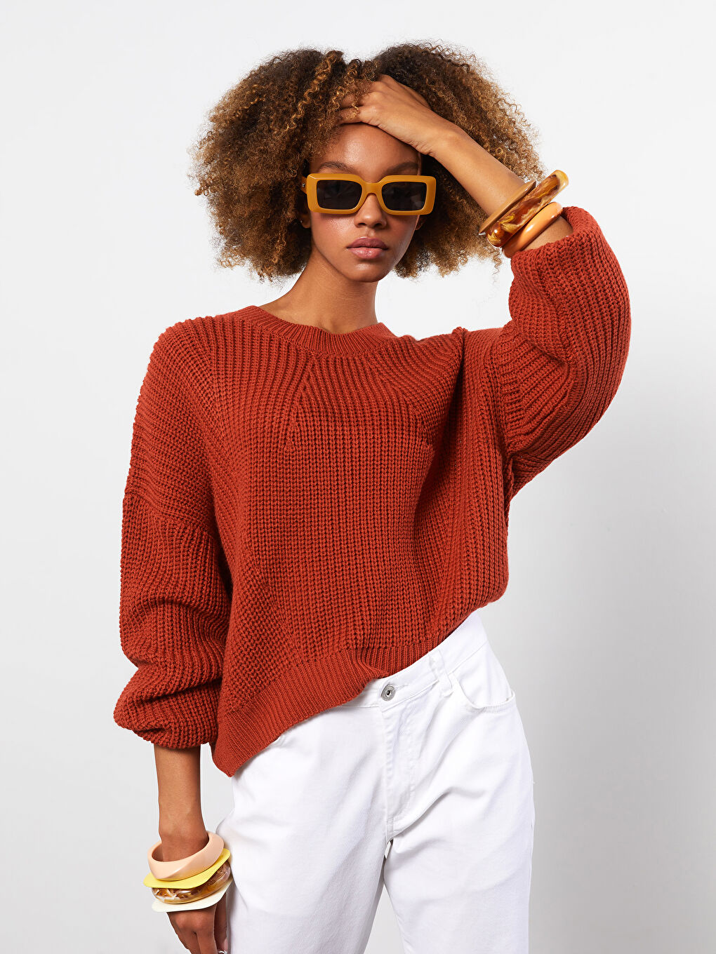 Kahverengi Bisiklet Yaka Kendinden Desenli Uzun Kollu Kadın Triko Kazak-2