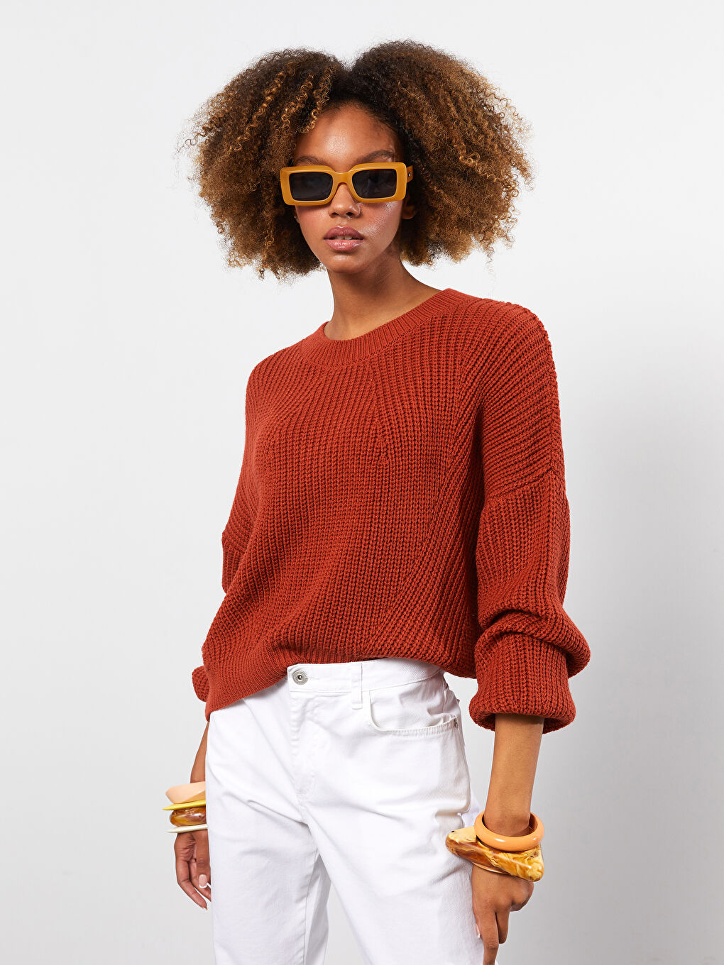 Kahverengi Bisiklet Yaka Kendinden Desenli Uzun Kollu Kadın Triko Kazak-3