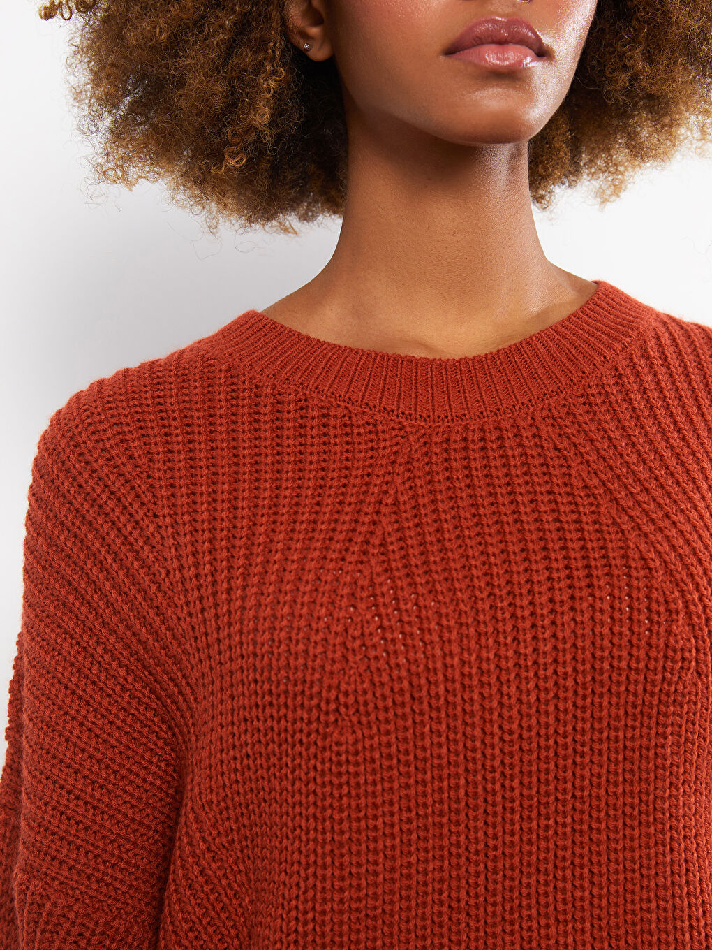 Kahverengi Bisiklet Yaka Kendinden Desenli Uzun Kollu Kadın Triko Kazak-4