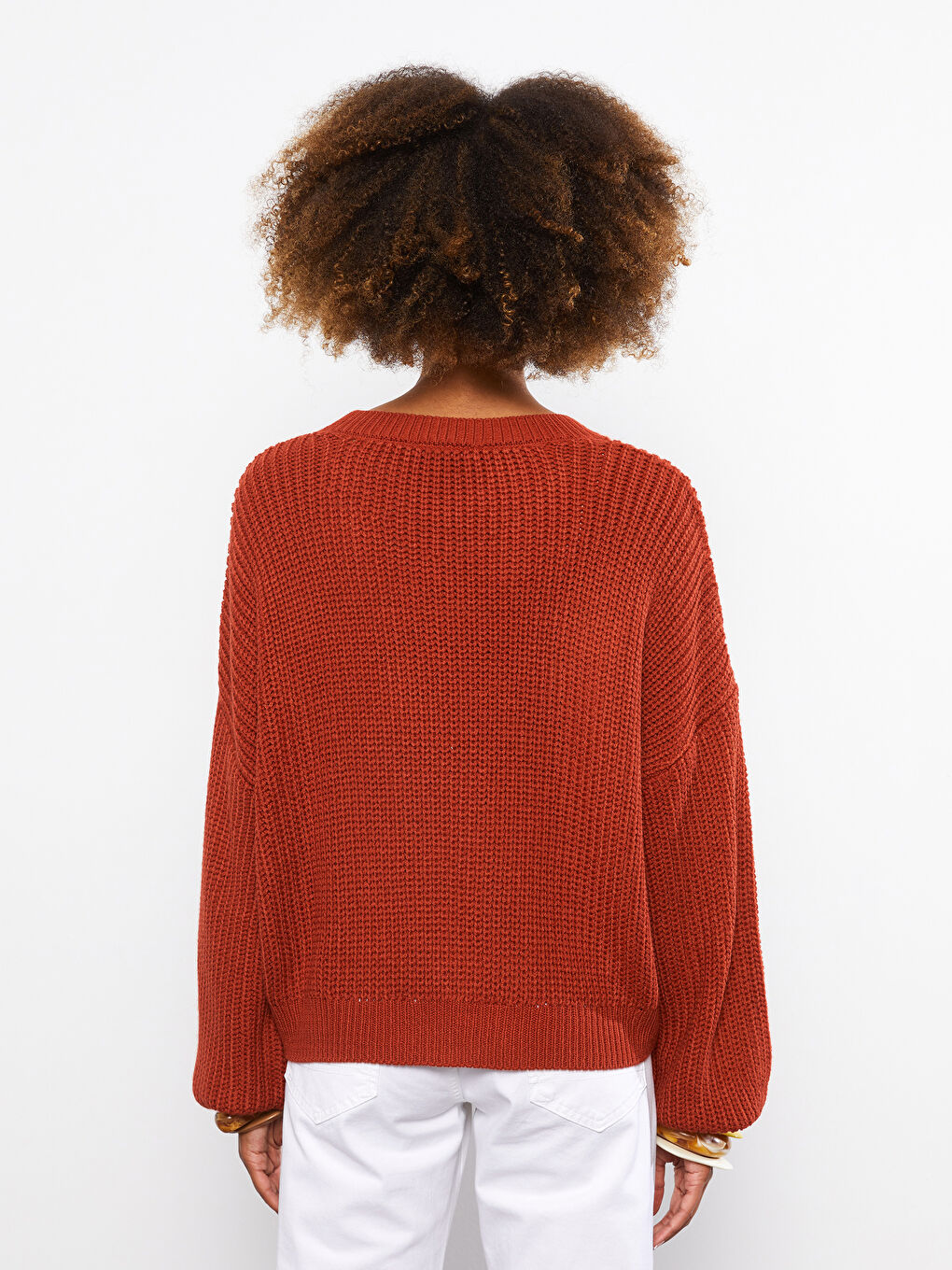 Kahverengi Bisiklet Yaka Kendinden Desenli Uzun Kollu Kadın Triko Kazak-5