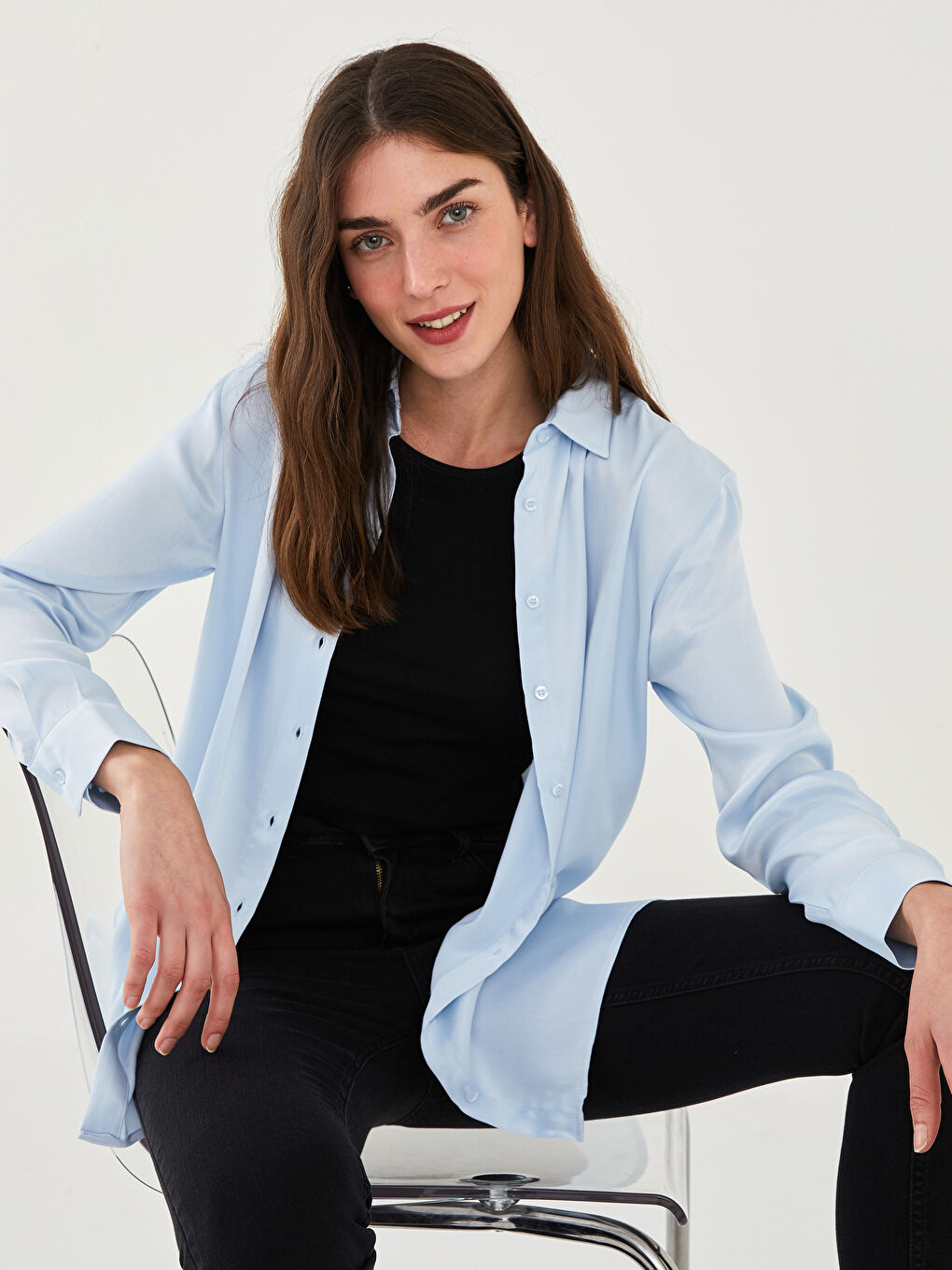 Mavi Önden Düğme Kapamalı Düz Uzun Kollu Viskon Kadın Gömlek