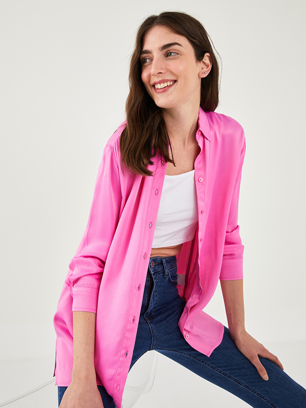 Front Button Closure Straight Long Sleeve Viscose Women's Shirt
