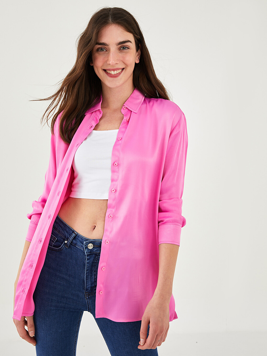 Front Button Closure Straight Long Sleeve Viscose Women's Shirt-1