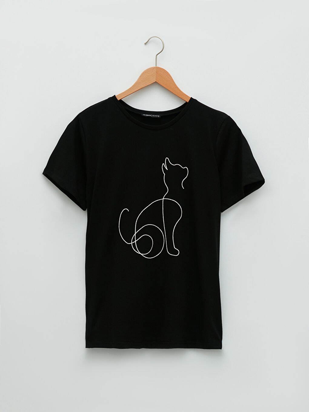 Siyah Bisiklet Yaka Baskılı Pamuklu Kadın Tişört-5