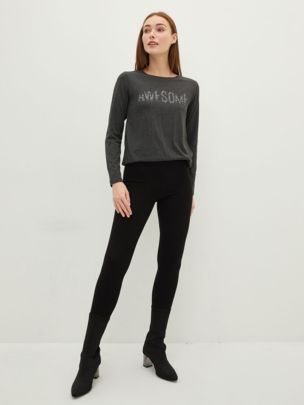 әйелдерге арналған ұзын жеңді принтті дөңгелек жағалы футболка-2