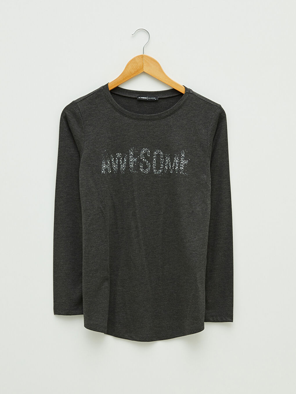 әйелдерге арналған ұзын жеңді принтті дөңгелек жағалы футболка-4