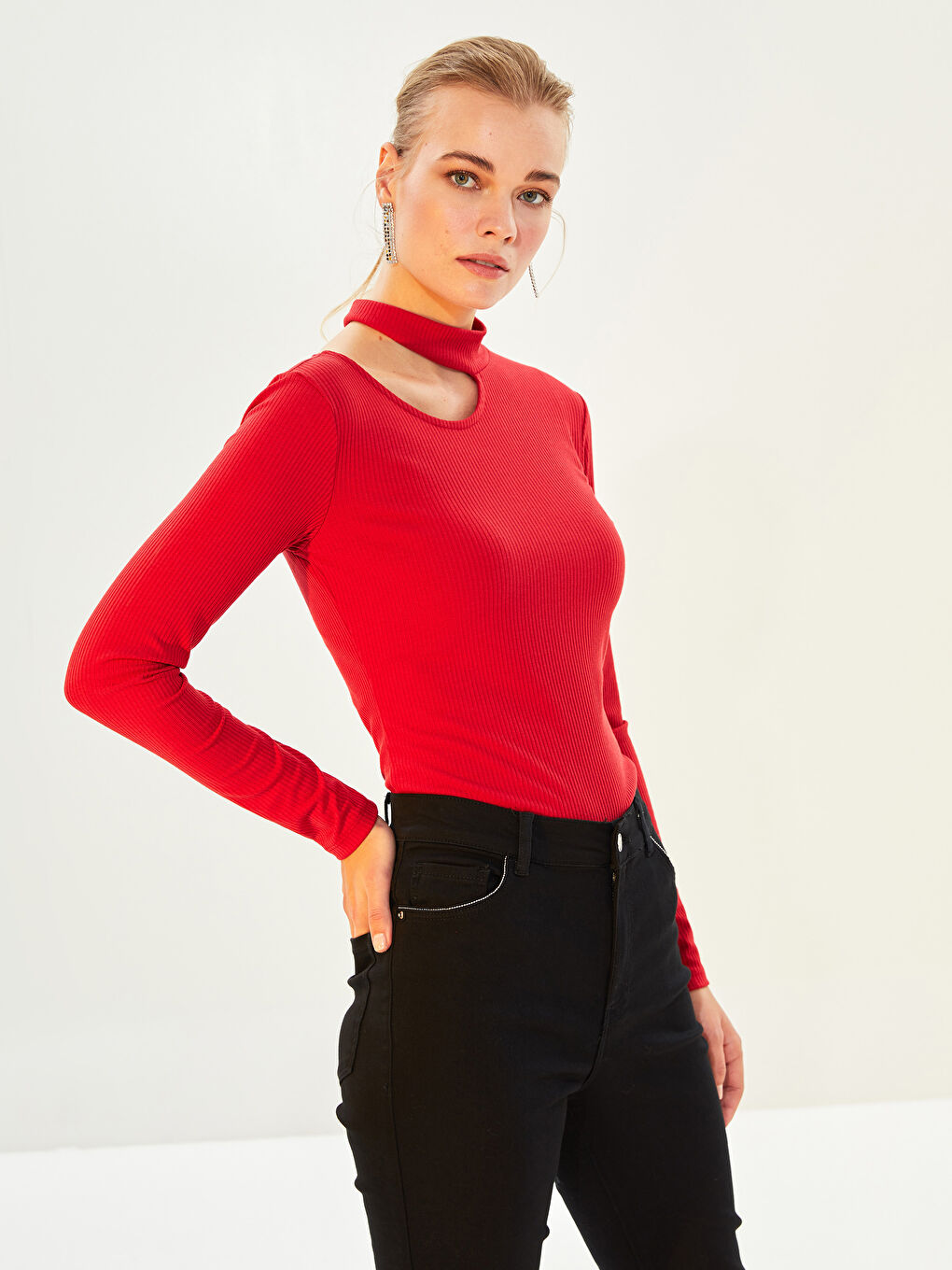 Standing Collar Window Detailed Long Sleeve Camisole Women's T-Shirt