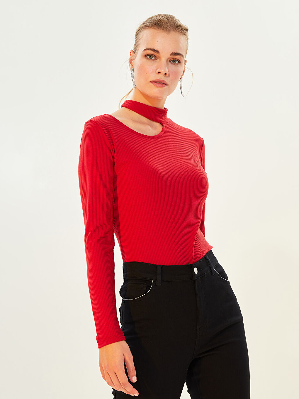 Standing Collar Window Detailed Long Sleeve Camisole Women's T-Shirt-1