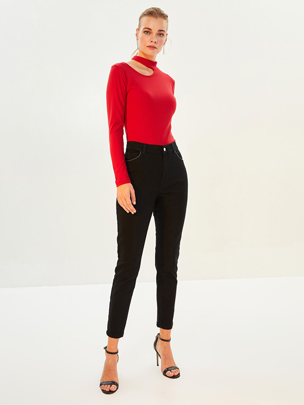 Standing Collar Window Detailed Long Sleeve Camisole Women's T-Shirt-2