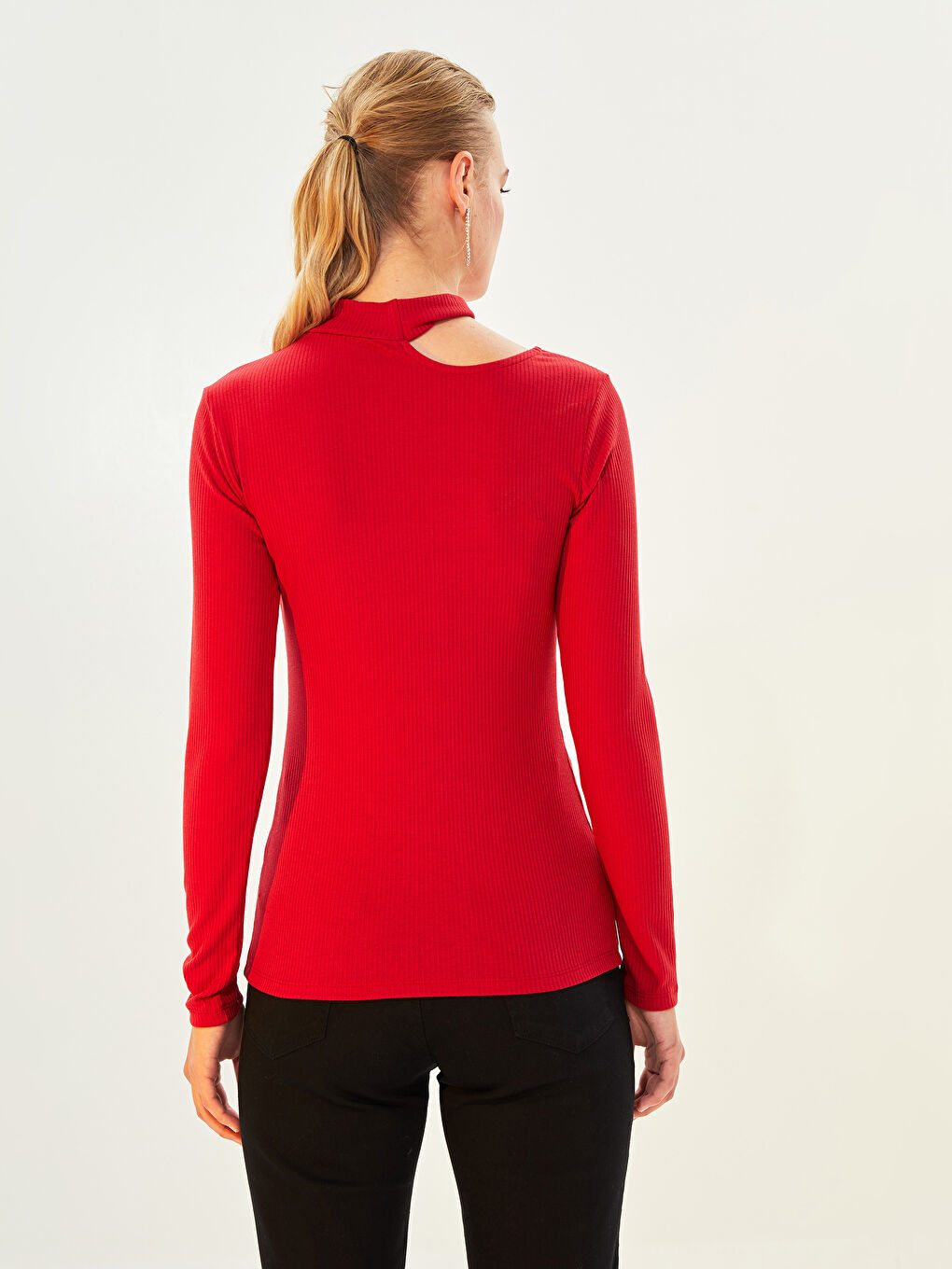 Standing Collar Window Detailed Long Sleeve Camisole Women's T-Shirt-4