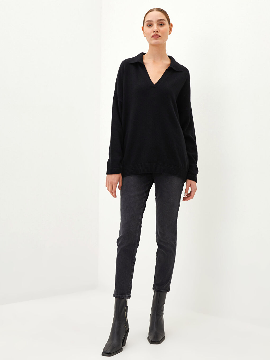 Siyah Polo Yaka Düz Uzun Kollu Kadın Yünlü Kaşmir Kazak-2