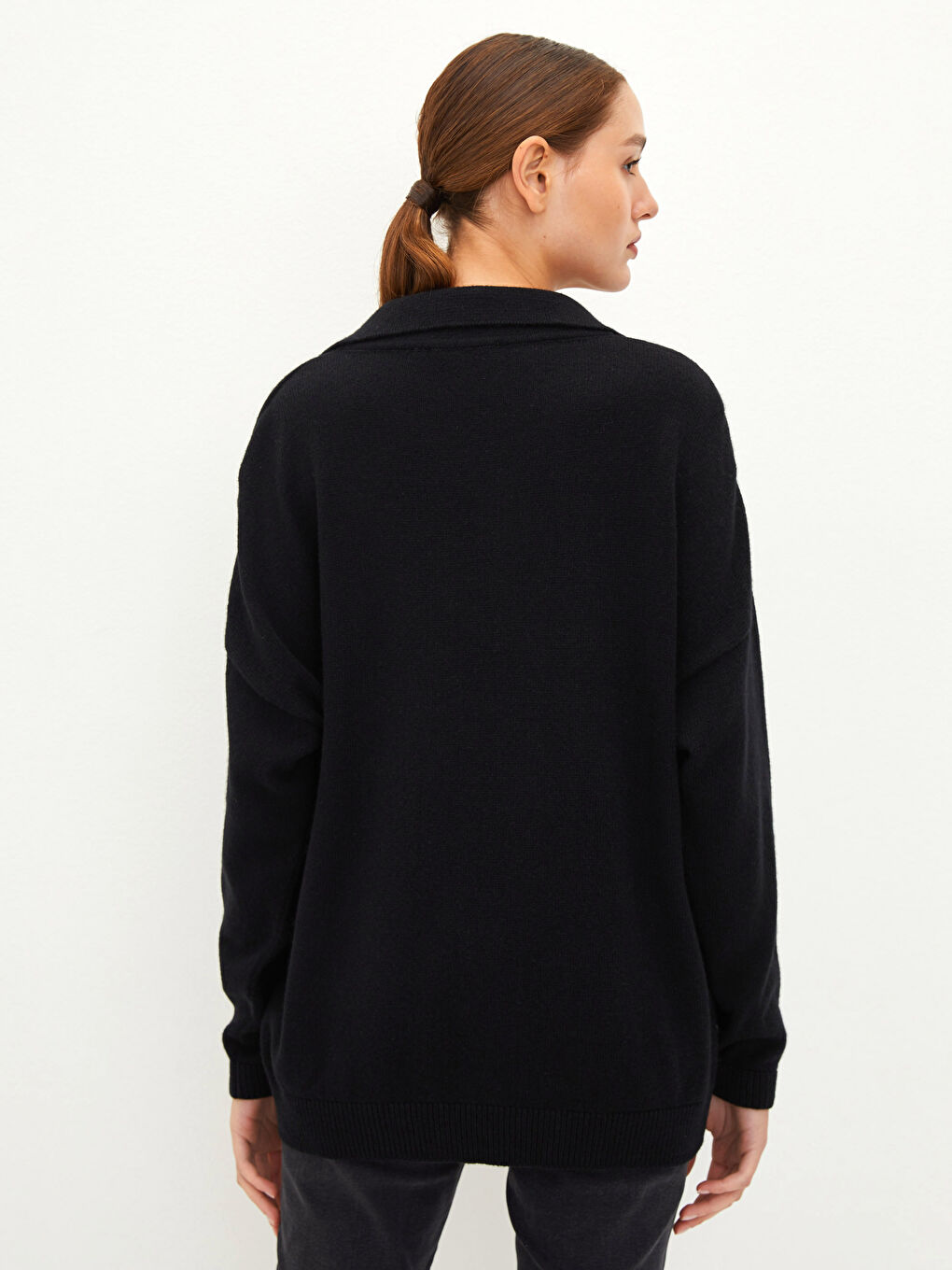 Siyah Polo Yaka Düz Uzun Kollu Kadın Yünlü Kaşmir Kazak-4