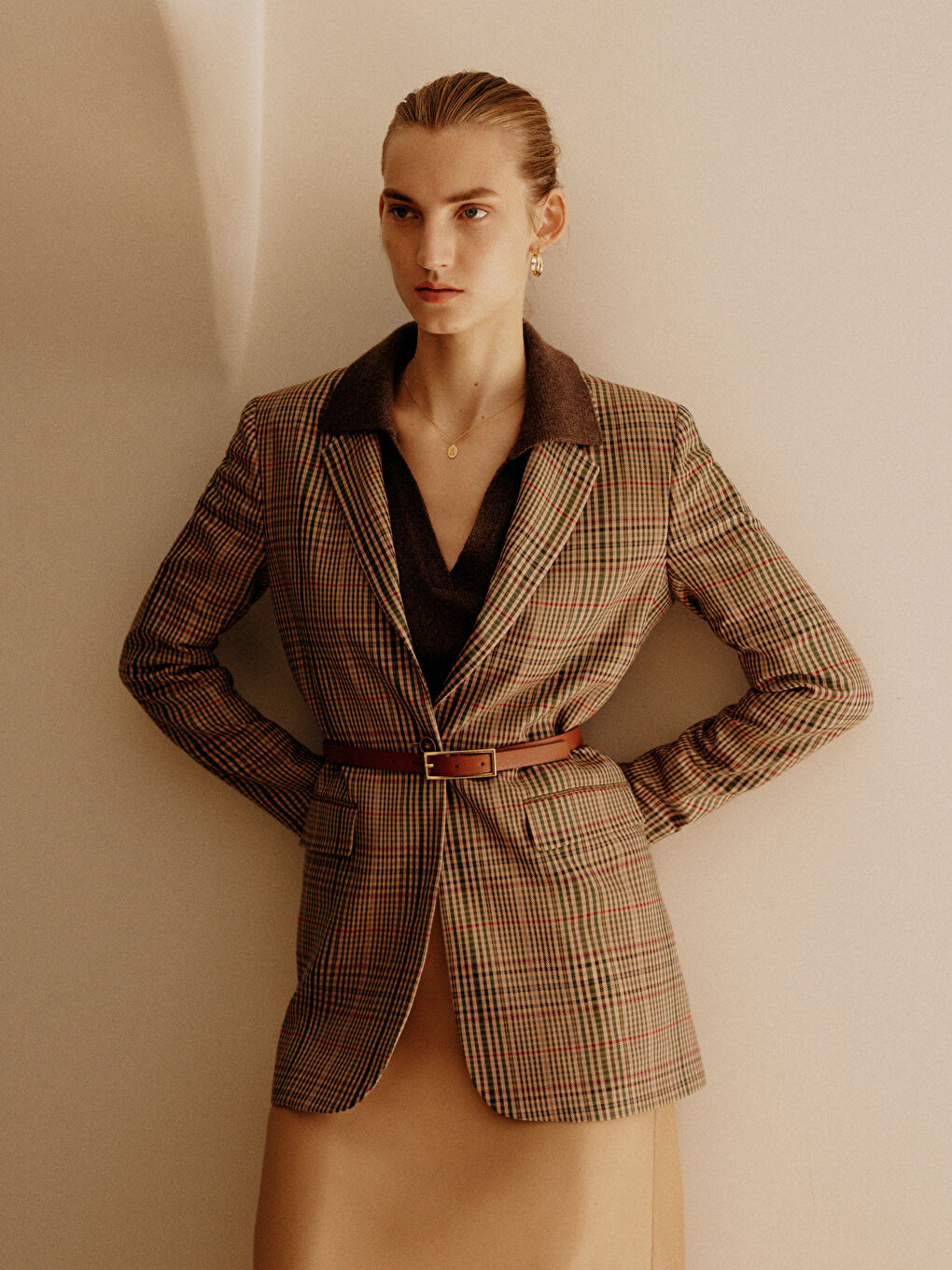 Kahverengi Polo Yaka Düz Uzun Kollu Kadın Yünlü Kaşmir Kazak-1