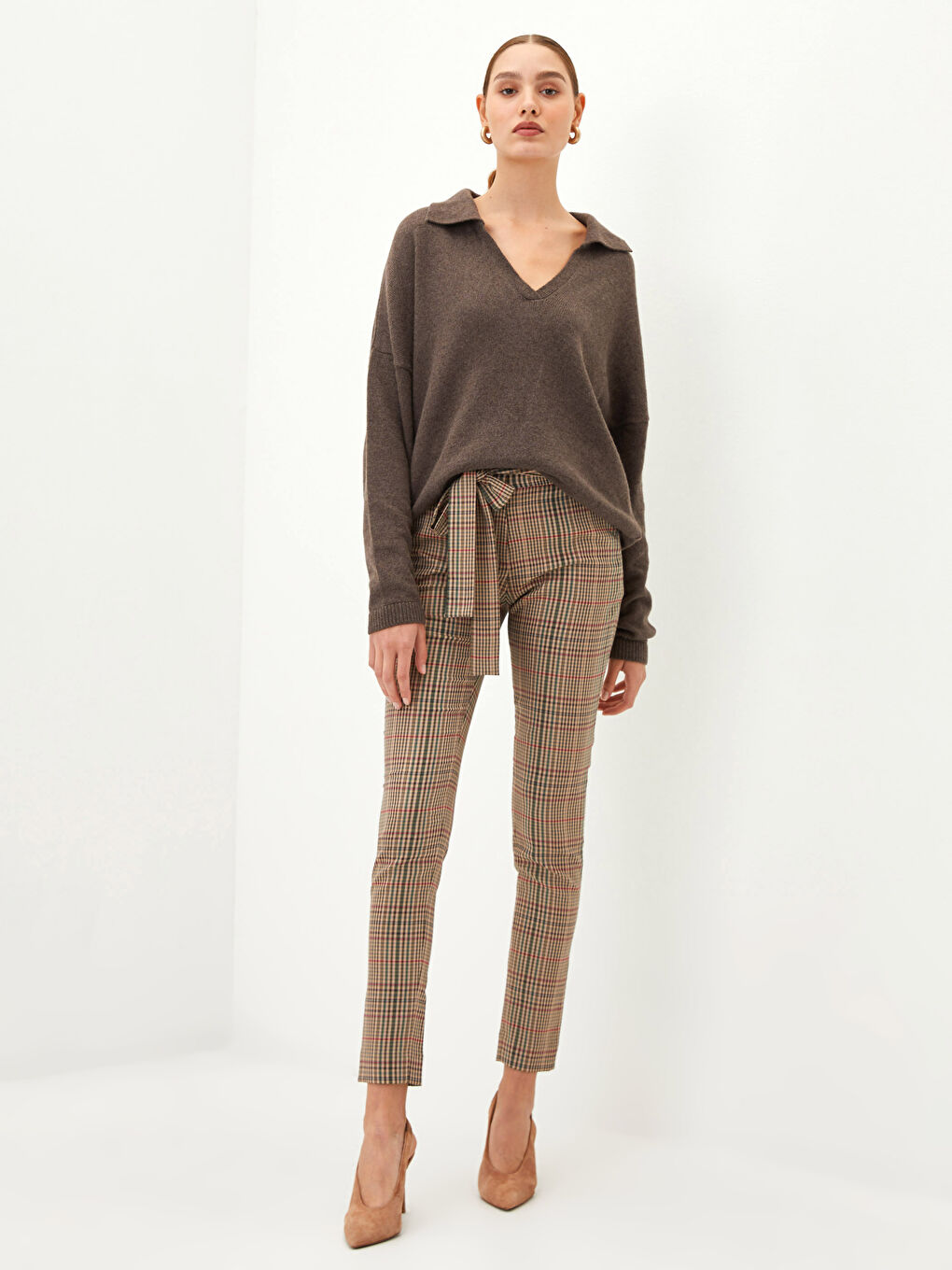 Kahverengi Polo Yaka Düz Uzun Kollu Kadın Yünlü Kaşmir Kazak-4