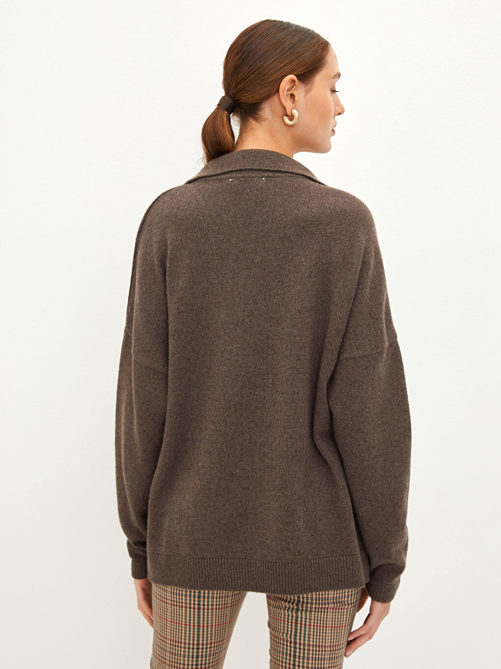 Kahverengi Polo Yaka Düz Uzun Kollu Kadın Yünlü Kaşmir Kazak-6