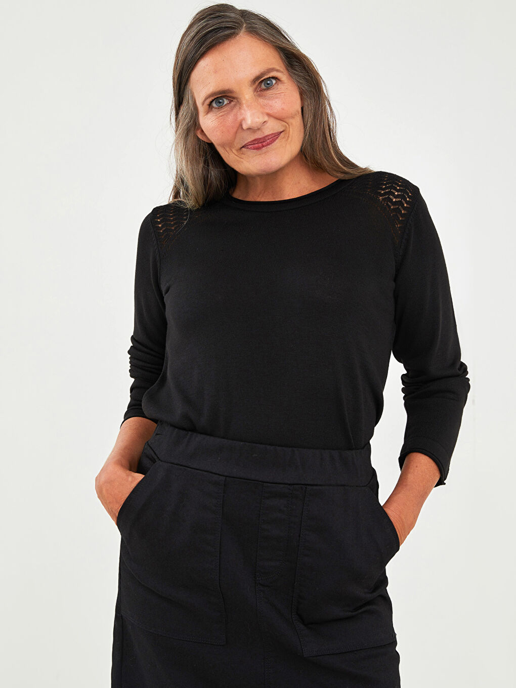 Siyah Bisiklet Yaka Ajurlu Uzun Kollu Kadın Triko Kazak-1