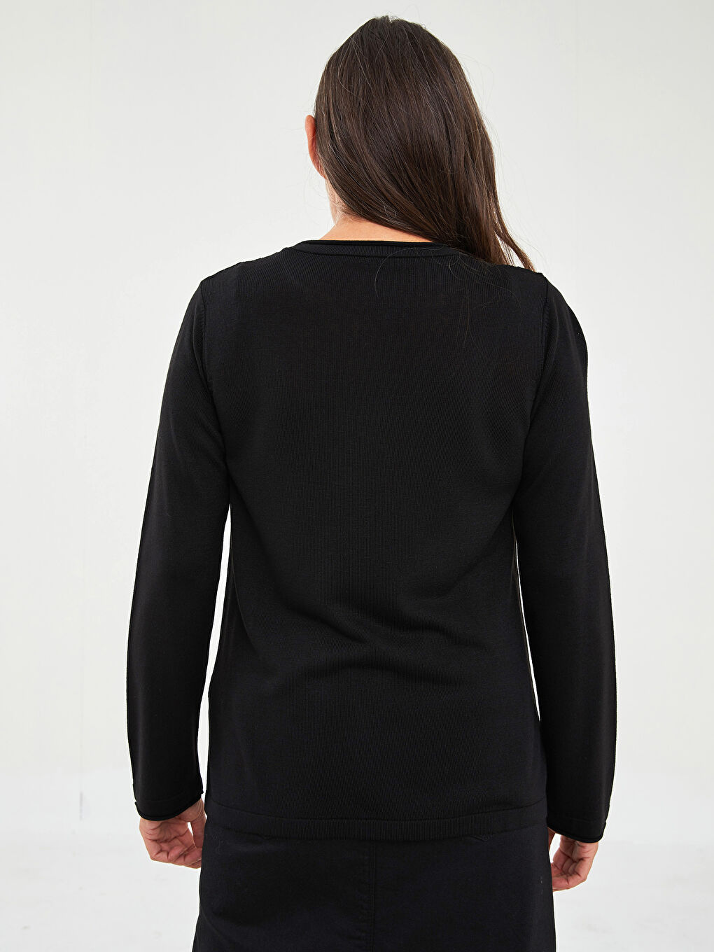 Siyah Bisiklet Yaka Ajurlu Uzun Kollu Kadın Triko Kazak-4