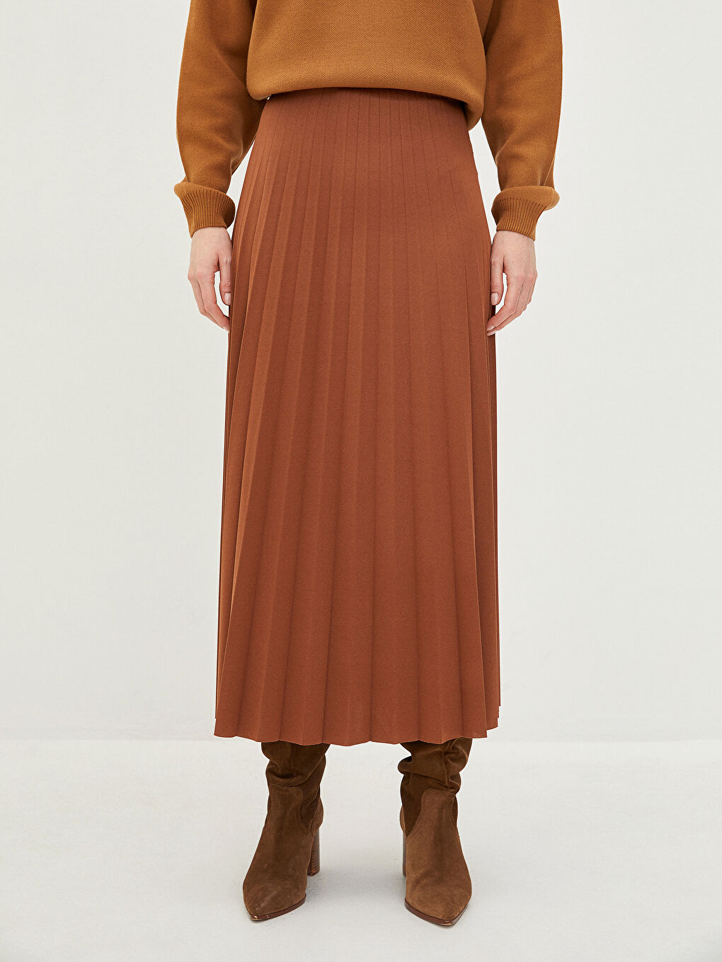 Kahverengi Beli Lastikli Düz Krep Kumaş Kadın Pileli Etek-2