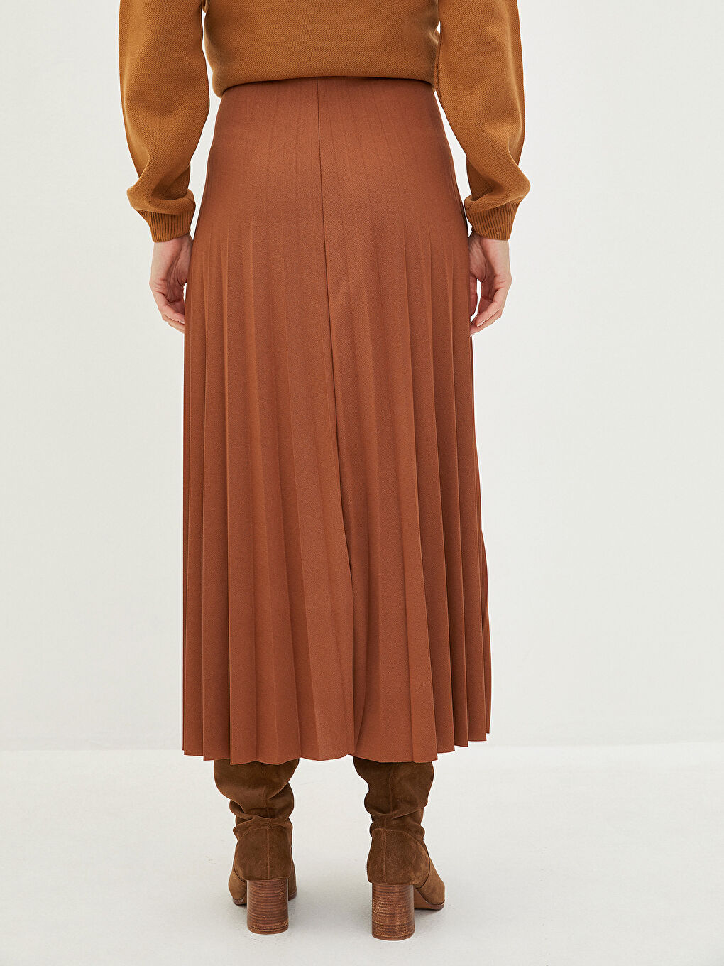 Kahverengi Beli Lastikli Düz Krep Kumaş Kadın Pileli Etek-3