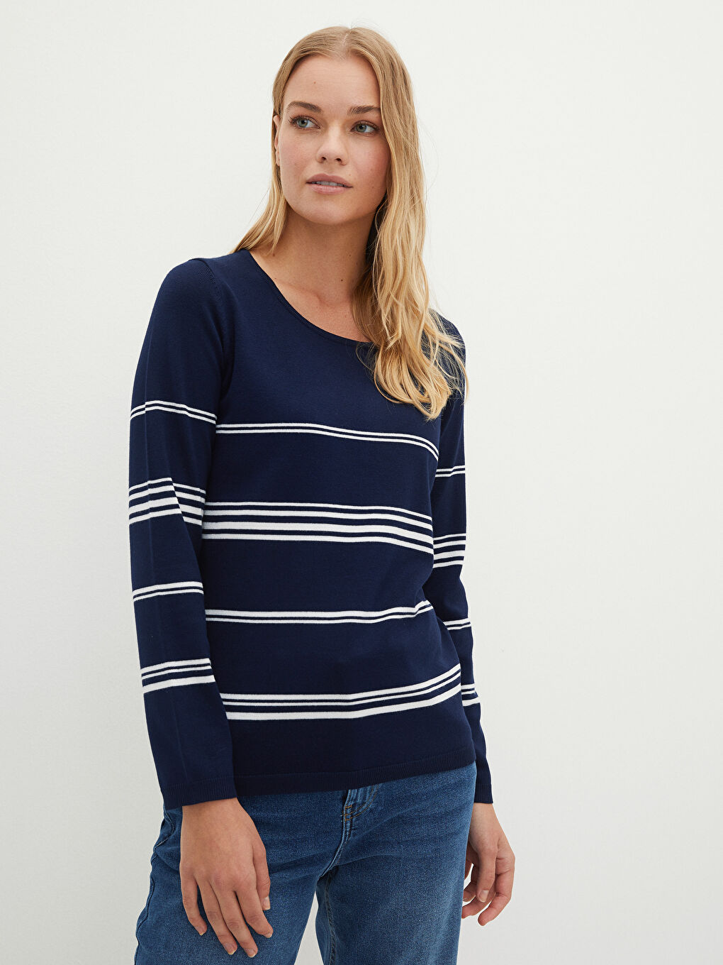 Crew Neck Striped Long Sleeve Women's Knitwear Sweater