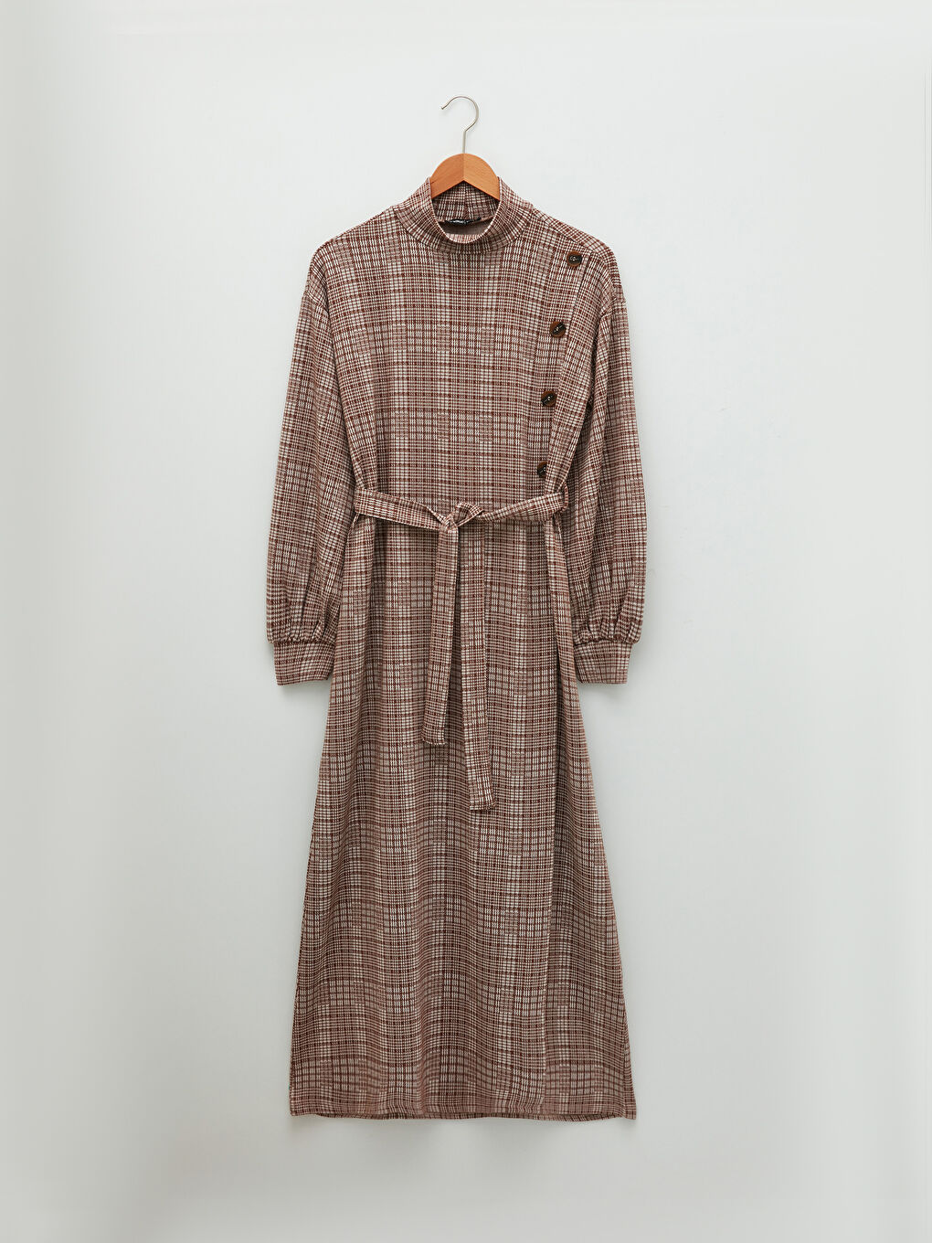 Kahverengi Dik Yaka Ekose Uzun Kollu A Kesim Beli Kuşaklı Kadın Elbise-6