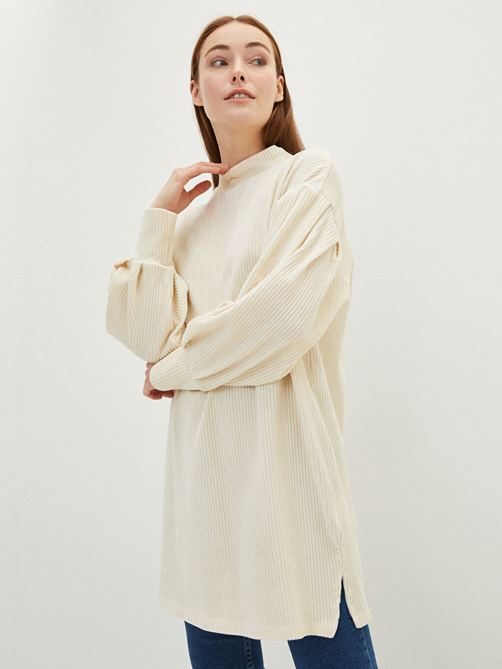 Stand Collar Straight Long Sleeve Velvet Women's Tunic