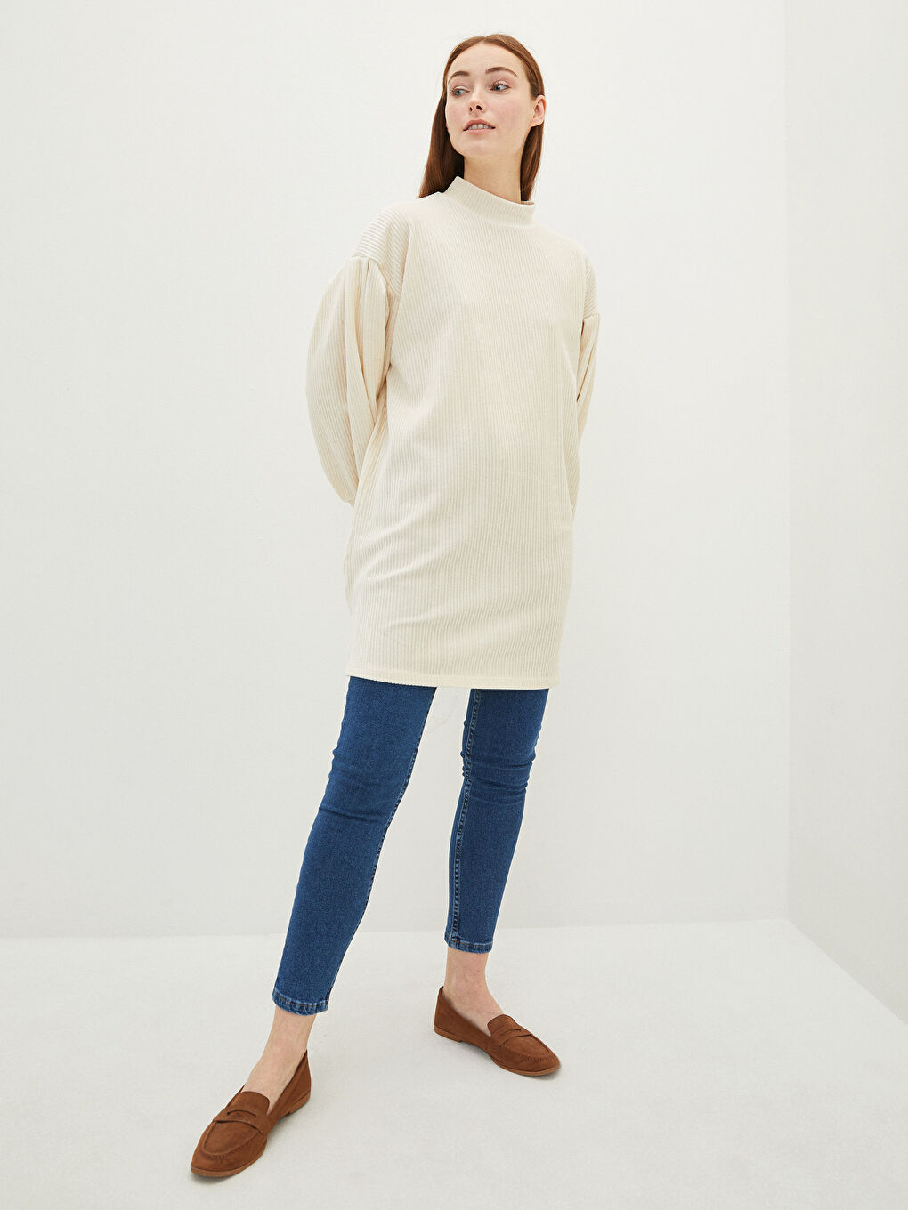 Stand Collar Straight Long Sleeve Velvet Women's Tunic-3