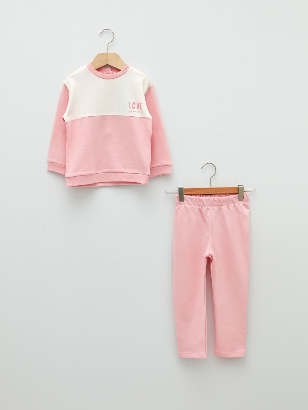 Pembe Bisiklet Yaka Uzun Kollu Kız Bebek Sweatshirt ve Pantolon 2'li Takım