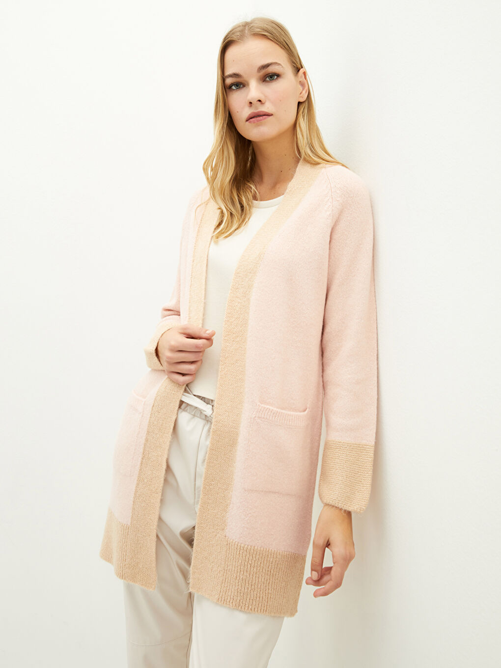 Pembe Şal Yaka Renk Bloklu Uzun Kollu Kadın Triko Hırka-1