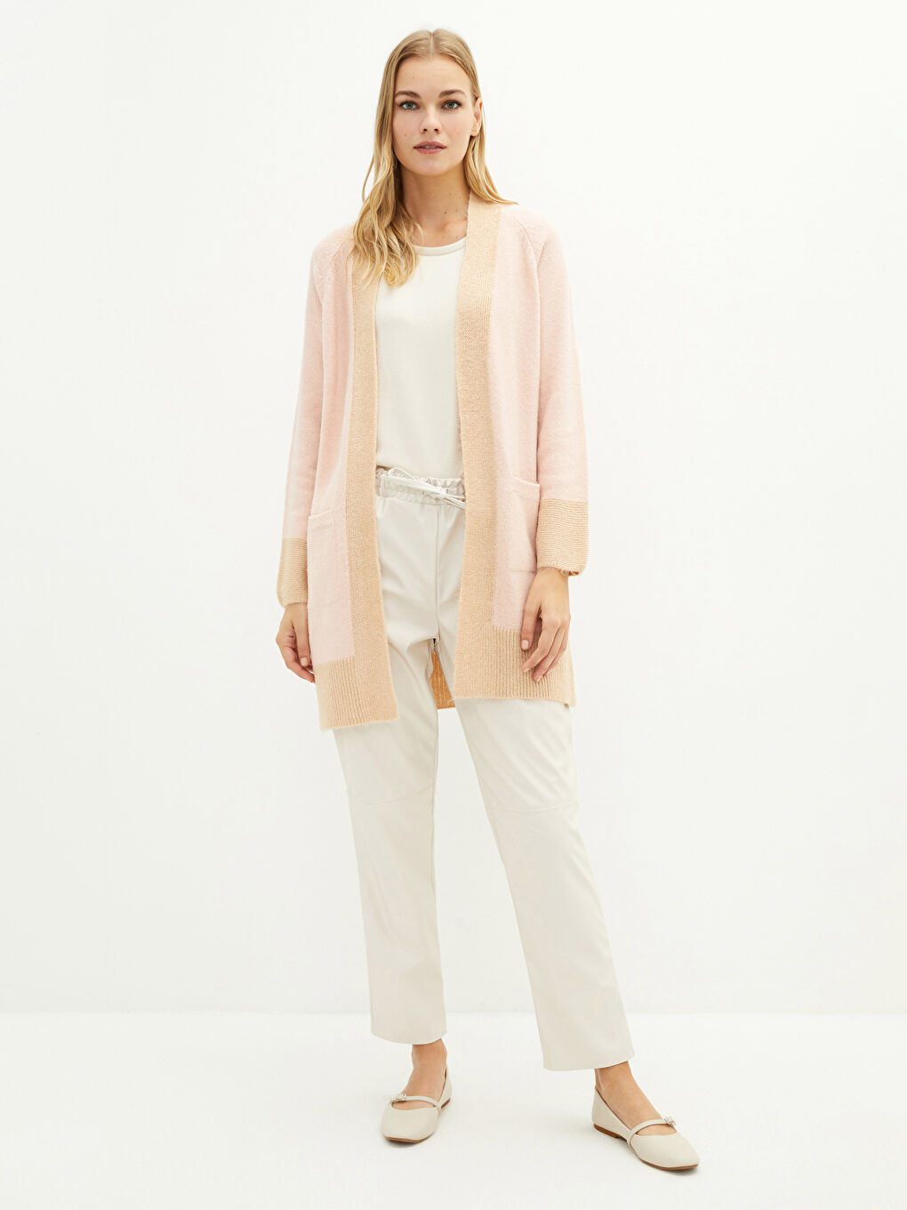 Pembe Şal Yaka Renk Bloklu Uzun Kollu Kadın Triko Hırka-2