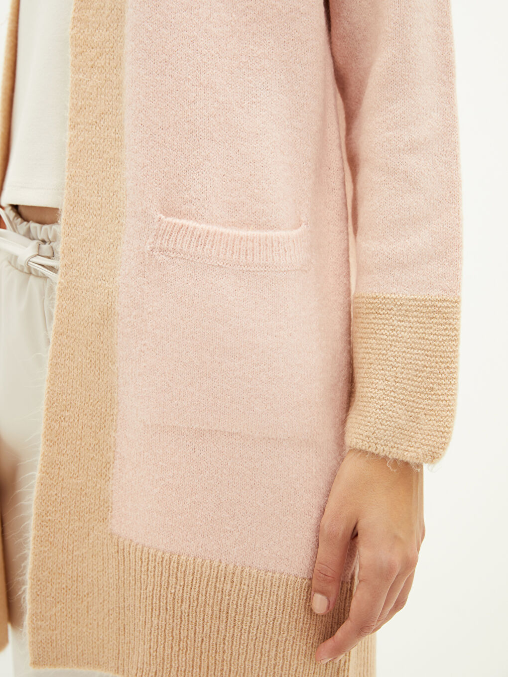 Pembe Şal Yaka Renk Bloklu Uzun Kollu Kadın Triko Hırka-3