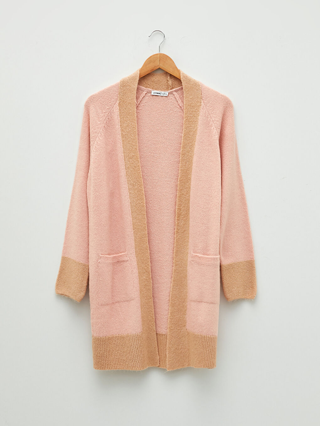 Pembe Şal Yaka Renk Bloklu Uzun Kollu Kadın Triko Hırka-5