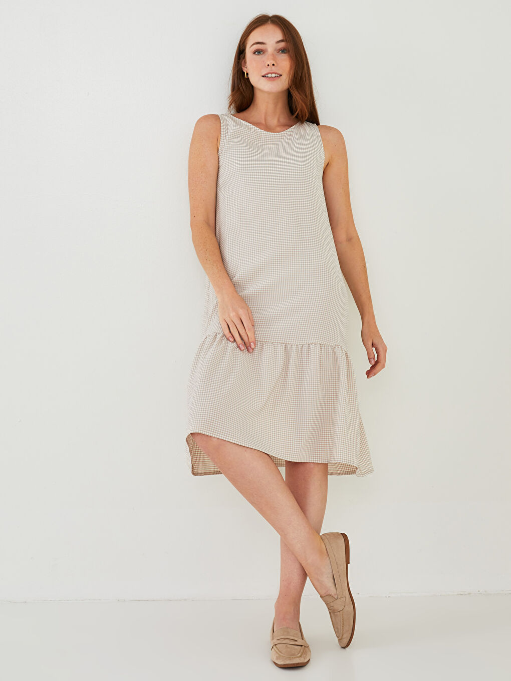 Crew Neck Plaid Sleeveless A-Line Poplin Women's Dress